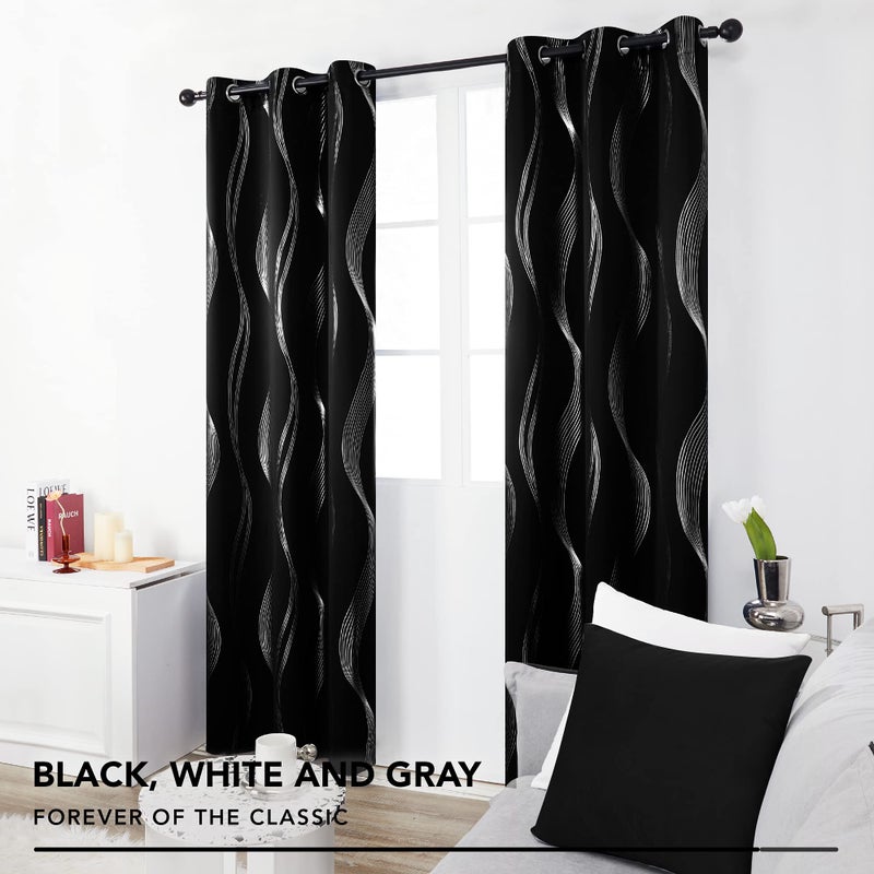 Deconovo Black Blackout Curtains 2 Panel Set for Bedroom, Thermal Insulated Grommet Room Darkening Window Drapes for Living Room, Silver Wave Foil Print, 42W x 84L Inch - Image 3
